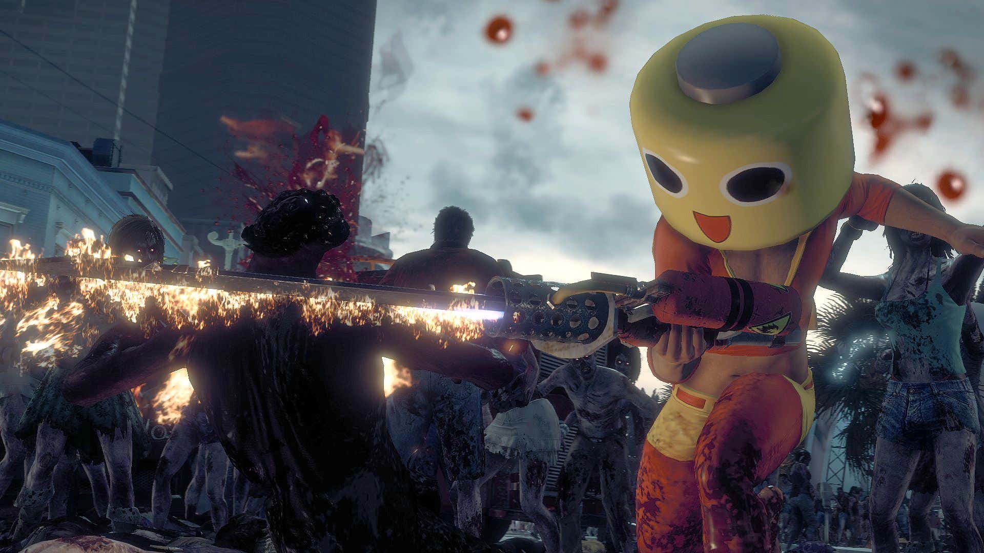 A loon wearing a Lego head and holding a flamethrower in Dead Rising 3.